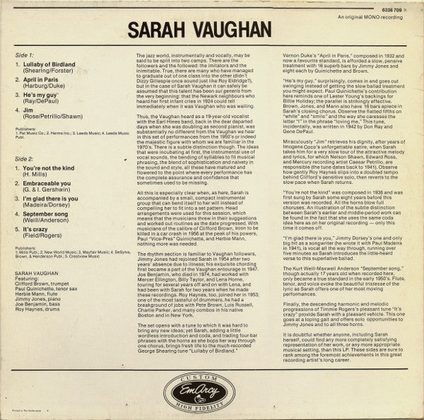 Sarah Vaughan : Sarah Vaughan (LP, Album, Mono, RE)