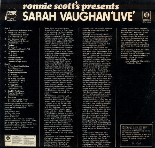 Sarah Vaughan : Ronnie Scott's Presents Sarah Vaughan Live (LP)