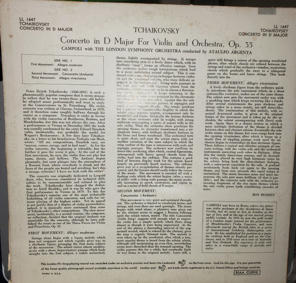 Pyotr Ilyich Tchaikovsky, Alfredo Campoli With The London Symphony Orchestra Conducted By Ataúlfo Argenta : Tchaikovsky: Concerto In D Major For Violin And Orchestra, Op. 35 (LP, Mono)