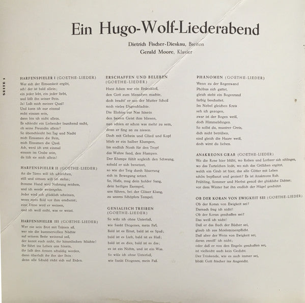 Hugo Wolf, Dietrich Fischer-Dieskau, Gerald Moore : Ein Hugo-Wolf-Liederabend (LP, Album, Mono, Gat)