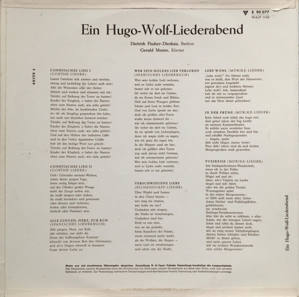 Hugo Wolf, Dietrich Fischer-Dieskau, Gerald Moore : Ein Hugo-Wolf-Liederabend (LP, Album, Mono, Gat)