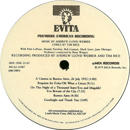 Andrew Lloyd Webber And Tim Rice : Evita: Premiere American Recording (2xLP, Album, Glo)