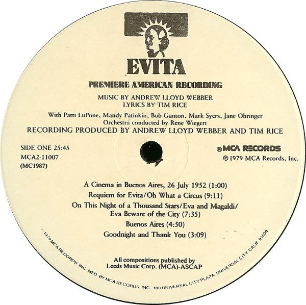 Andrew Lloyd Webber And Tim Rice : Evita: Premiere American Recording (2xLP, Album, Glo)