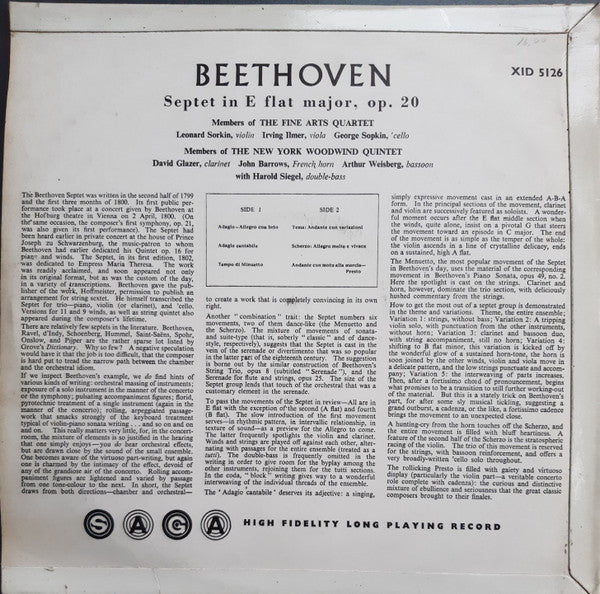 Ludwig van Beethoven - The Fine Arts Quartet, New York Woodwind Quintet, Harold Siegel : Septet in E Flat Major, Op. 20 (LP, Album, Mono, Gre)