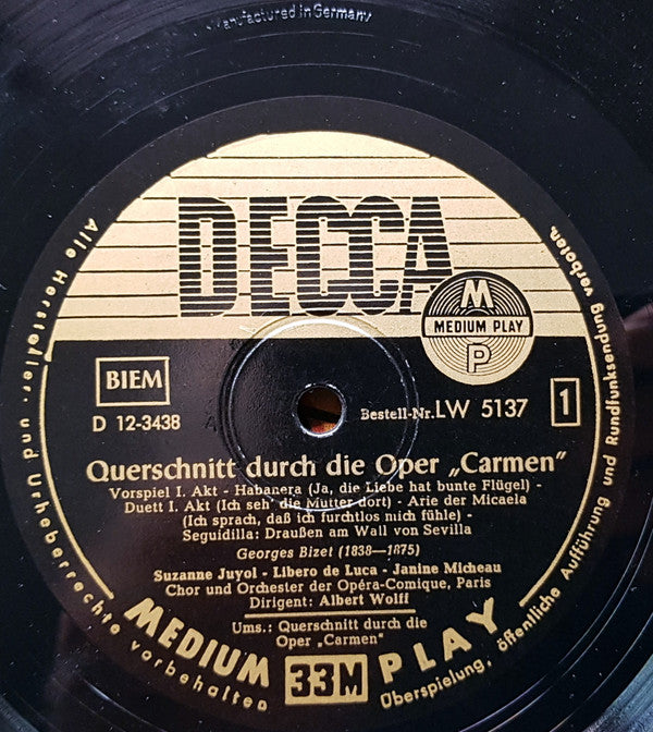 Georges Bizet, Chœurs Du Théâtre National De L'Opéra Comique Und Orchestre Du Théâtre National De L'Opéra-Comique Dirigent:  Albert Wolff : Ein Querschnitt Durch Die Oper "Carmen" (10")