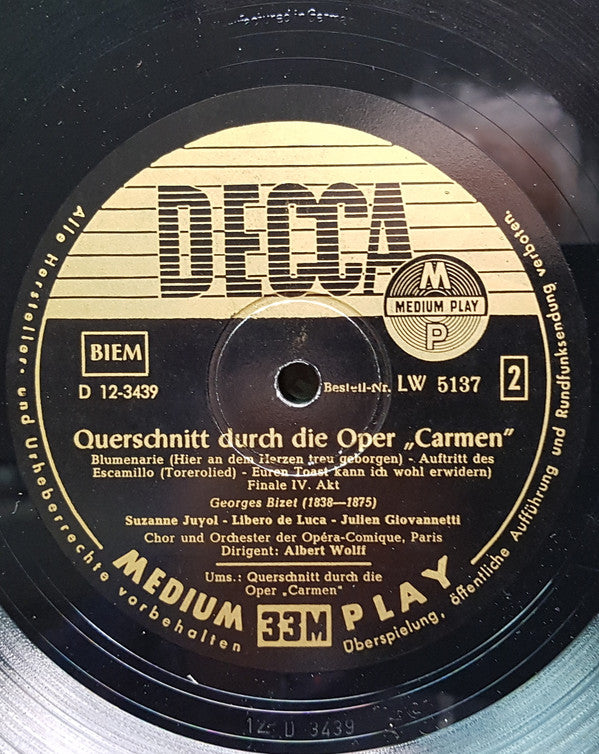 Georges Bizet, Chœurs Du Théâtre National De L'Opéra Comique Und Orchestre Du Théâtre National De L'Opéra-Comique Dirigent:  Albert Wolff : Ein Querschnitt Durch Die Oper "Carmen" (10")