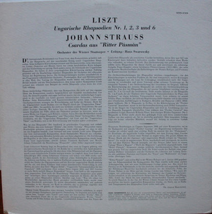 Franz Liszt, Johann Strauss Jr., Orchester Der Wiener Staatsoper, Hans Swarowsky : Ungarische Rhapsodien Nr. 1, 2, 3 Und 6 (LP)