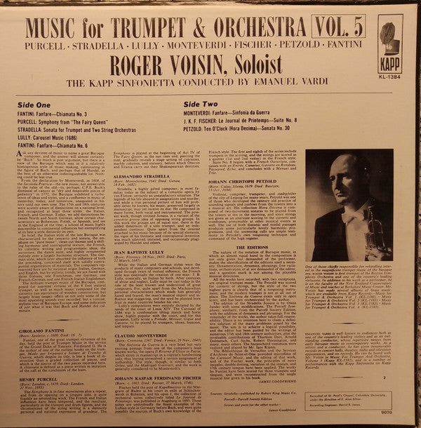 Henry Purcell • Alessandro Stradella • Jean-Baptiste Lully • Claudio Monteverdi • Johann Caspar Ferdinand Fischer • Johann Pezel • Girolamo Fantini - Roger Voisin, The Kapp Sinfonietta, Emanuel Vardi : Music For Trumpet & Orchestra Vol. 5  (LP, Mono)