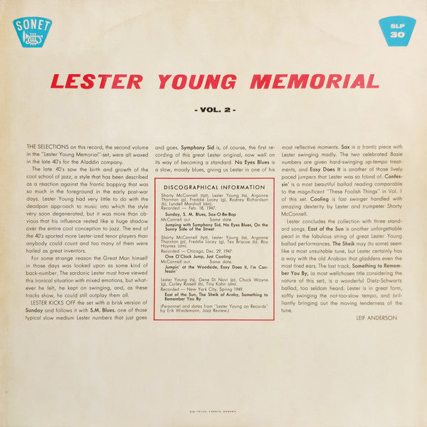 Lester Young : Lester Young Memorial Vol. 2 (LP, Comp)