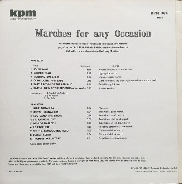 The All Stars Brass Band Conducted By Harry Mortimer : Marches For Any Occasion (LP, Album)