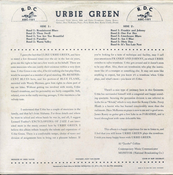 Urbie Green : Blues And Other Shades Of Green (LP, Album, Mono)