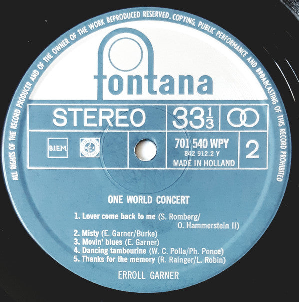 Erroll Garner : One World Concert (LP, Album, RE)