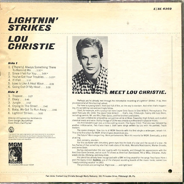 Lou Christie : Lightnin' Strikes (LP, Album, Mono, Wad)