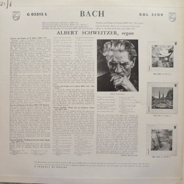 Johann Sebastian Bach ; Albert Schweitzer : Toccata And Fugue In D Minor, BWV 565 / Toccata And Fugue In D Minor, BWV 538 "Dorian" / Chorale Prelude: O Mensch, Bewein' Dein' Sünde Gross, BWV 622 / Fantasia And Fugue In G Minor, BWV 542 "Great" / Chorale Prelude: Wenn Wir In Höchsten Nöten Sein,  (LP)