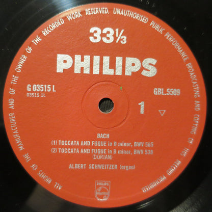 Johann Sebastian Bach ; Albert Schweitzer : Toccata And Fugue In D Minor, BWV 565 / Toccata And Fugue In D Minor, BWV 538 "Dorian" / Chorale Prelude: O Mensch, Bewein' Dein' Sünde Gross, BWV 622 / Fantasia And Fugue In G Minor, BWV 542 "Great" / Chorale Prelude: Wenn Wir In Höchsten Nöten Sein,  (LP)