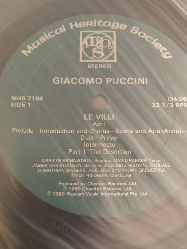 Giacomo Puccini, Myer Fredman, Adelaide Festival Chorale, Adelaide Symphony Orchestra, Corinthian Singers, James Christiansen, David Parker (9), Marilyn Richardson : Le Villi Opera In Two Acts (LP)