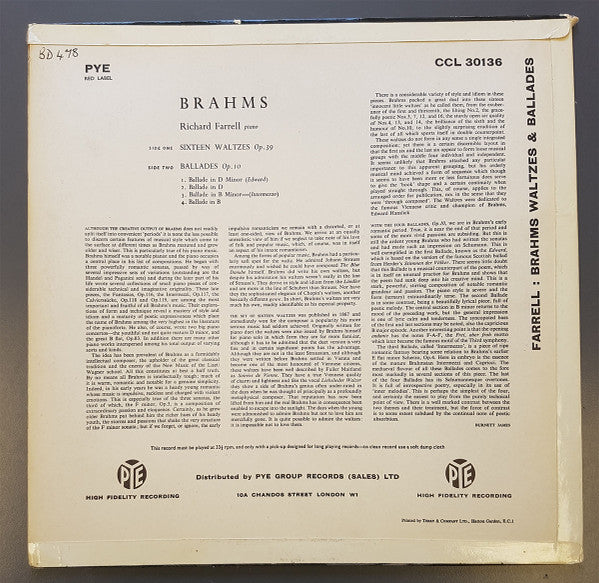 Richard Farrell (2), Johannes Brahms : Sixteen Waltzes - Ballades (LP, Mono)