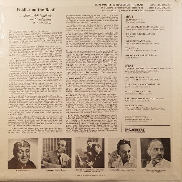 "Fiddler On The Roof" Original Broadway Cast : Zero Mostel In Fiddler On The Roof (The Original Broadway Cast Recording) (LP, Album,  In)