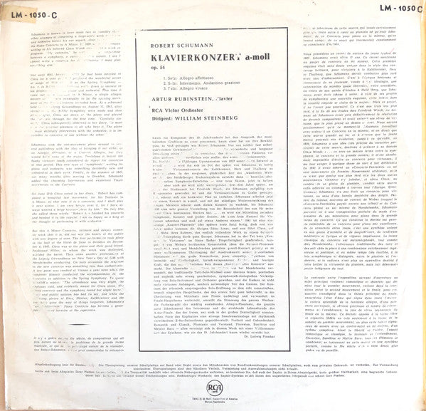 Robert Schumann, Arthur Rubinstein, RCA Victor Symphony Orchestra, William Steinberg : Schumann  Concerto In A Minor, Op. 54 (LP, Mono)