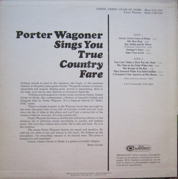 Porter Wagoner : Green, Green Grass Of Home (LP, Comp, Roc)