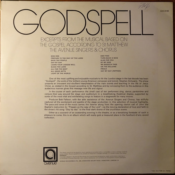 Avenue Singers And Chorus : Godspell (LP)