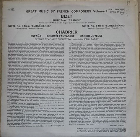 Georges Bizet, Emmanuel Chabrier, Paul Paray, Detroit Symphony Orchestra : Great Music By French Composers Volume 1 (LP)