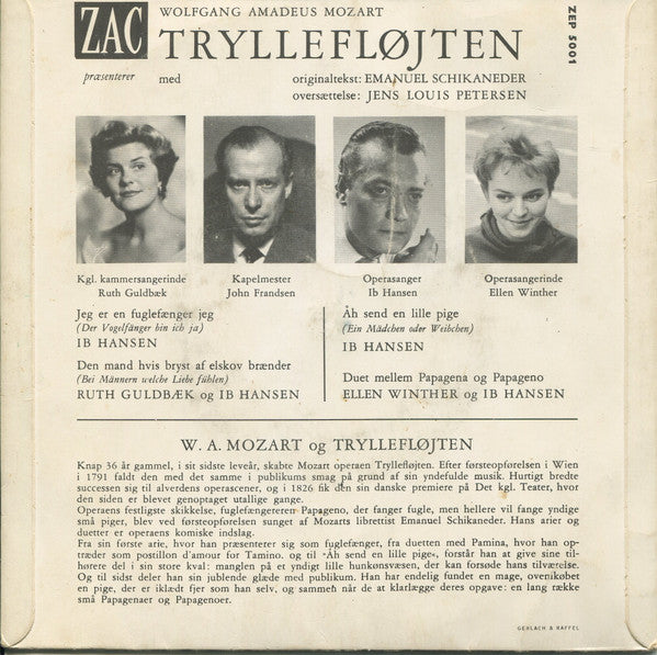 Wolfgang Amadeus Mozart, Ruth Guldbæk - Ib Hansen - Ellen Winther, Det Kongelige Kapel, John Frandsen : Tryllefløjten (7", Mono)