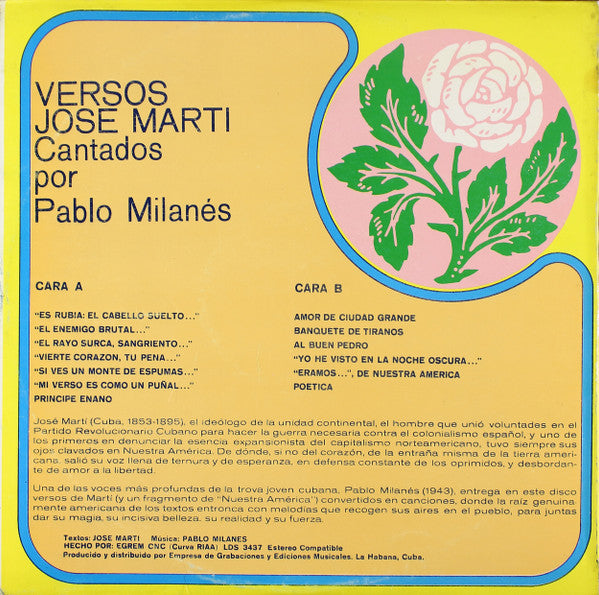 Pablo Milanés : Versos José Marti Cantados Por Pablo Milanés (LP, Album, Gat)