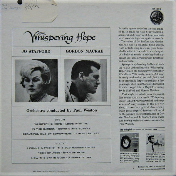 Jo Stafford And Gordon MacRae : Whispering Hope (LP, Album)