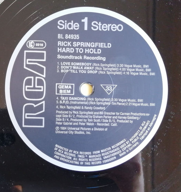 Rick Springfield : Hard To Hold - Soundtrack Recording (LP, Album)