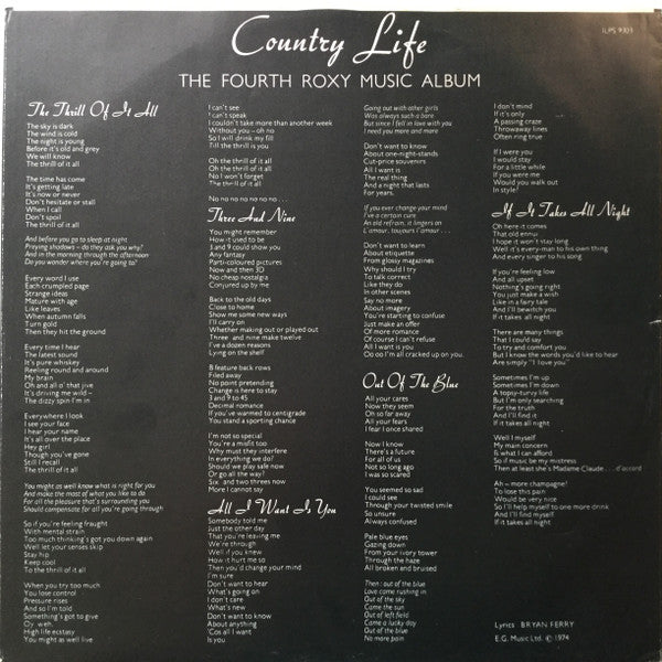 Roxy Music : ”Country Life” (LP, Album, RE, SIB)