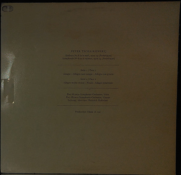 Pyotr Ilyich Tchaikovsky, Vienna Pro Musica Orchestra, Heinrich Hollreiser : Sinfonie Nr. 6, H-moll, Opus 74 (Pathétique) = Symphonie Nº 6, Si Mineur, Opus 74 (Pathétique) (LP)