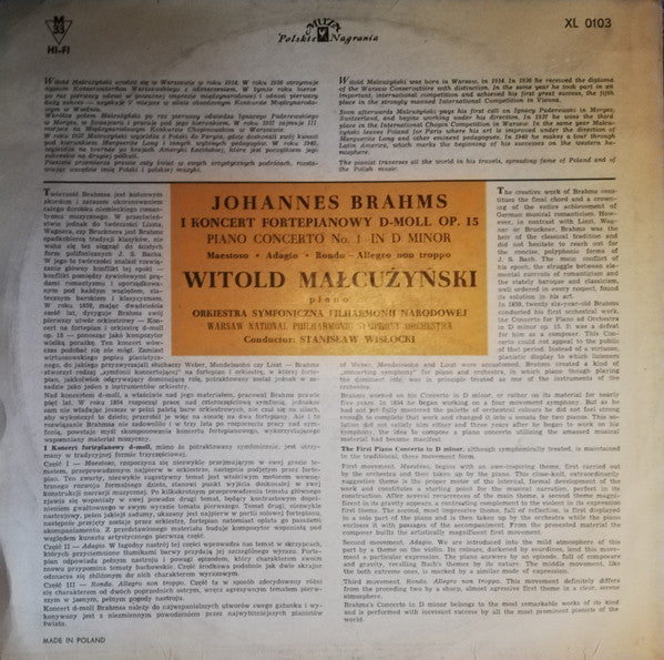 Johannes Brahms, Orkiestra Symfoniczna Filharmonii Narodowej, Stanislaw Wislocki, Witold Malcuzynsky : Piano Concerto No.1 In D Minor Op.15 (LP, Album, Mono)