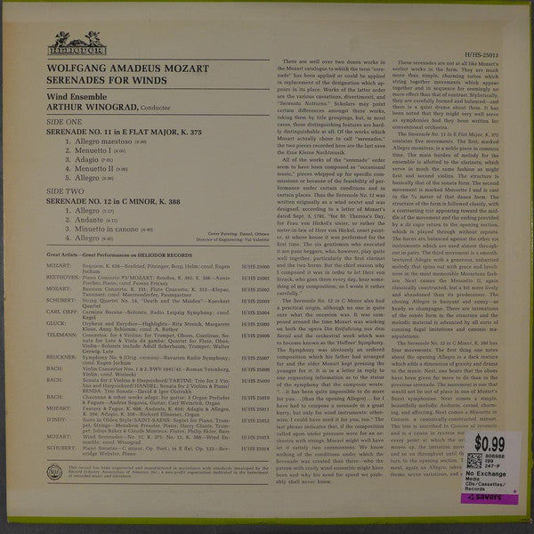 Wolfgang Amadeus Mozart : Wind Ensemble Conducted By Arthur Winograd : Serenades For Winds:  No. 11 In E Flat Major, K. 375 / No. 12 In C Major, K. 388 (LP)