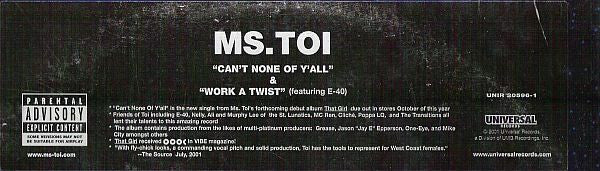 Ms. Toi : Can't None Of Y'all / Work A Twist (12", Promo)