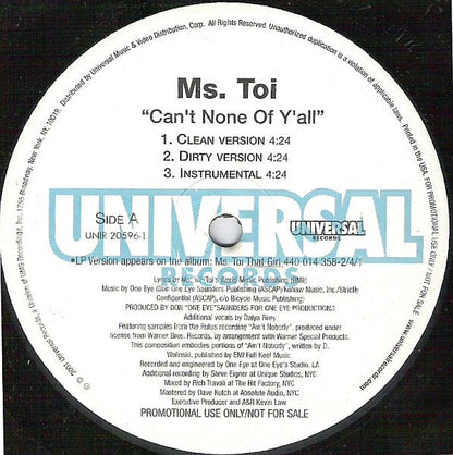 Ms. Toi : Can't None Of Y'all / Work A Twist (12", Promo)