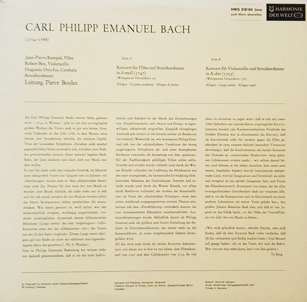 Carl Philipp Emanuel Bach - Jean-Pierre Rampal, Robert Bex, Huguette Dreyfus, Pierre Boulez : Konzerte Von C.P.E.Bach, Flötenkonzert, Cellokonzert (LP)