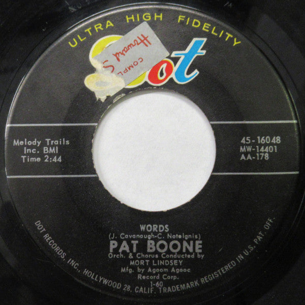 Pat Boone : (Welcome) New Lovers / Words (7", Ind)