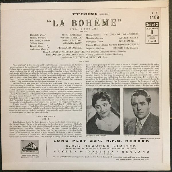 Giacomo Puccini, Victoria De Los Angeles, Jussi Björling, Sir Thomas Beecham : La Bohème (2xLP, Album, Mono)