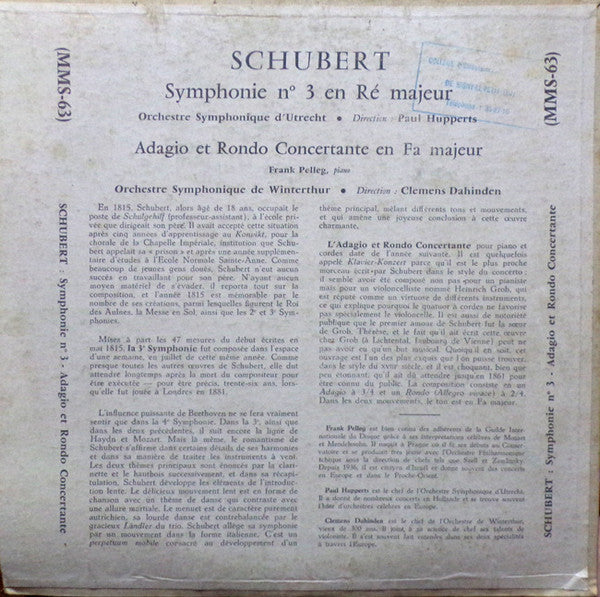 Franz Schubert, Utrechts Stedelijk Orkest, Paul Hupperts, Winterthur Symphony Orchestra, Clemens Dahinden, Frank Pelleg : Symphonie N° 3 En Ré / Adagio Et Rondo Concertante En Fa Majeur (10", Mono)