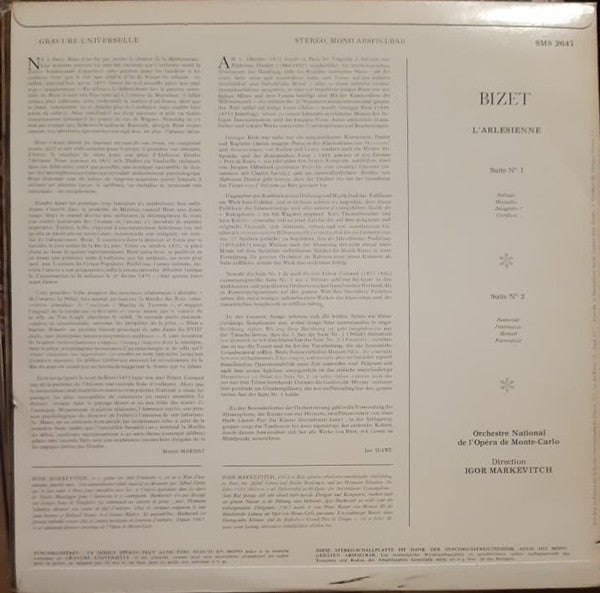 Georges Bizet, Igor Markevitch, Orchestre National De L'Opéra De Monte-Carlo : L'Arlésienne, Suites N°1 Et 2 (LP)