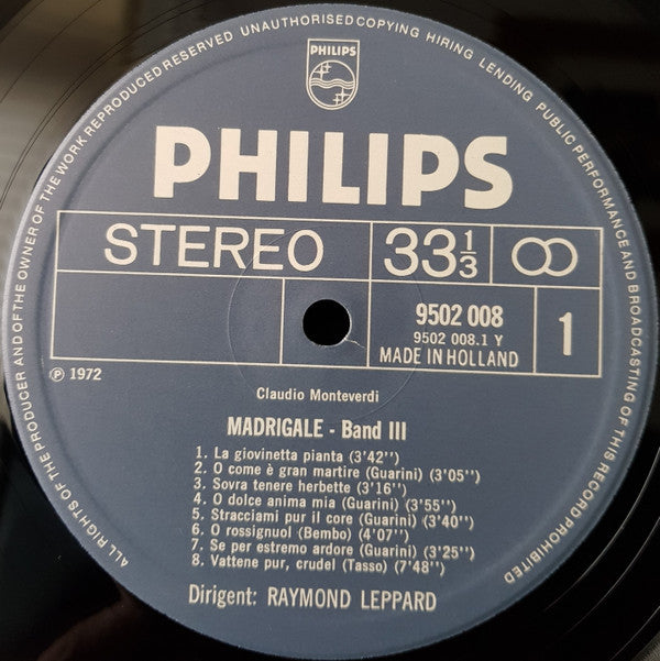 Claudio Monteverdi • Raymond Leppard • Sheila Armstrong • Gerald English, Ian Partridge • Stafford Dean • Christopher Keyte : Madrigali Libro III (LP)