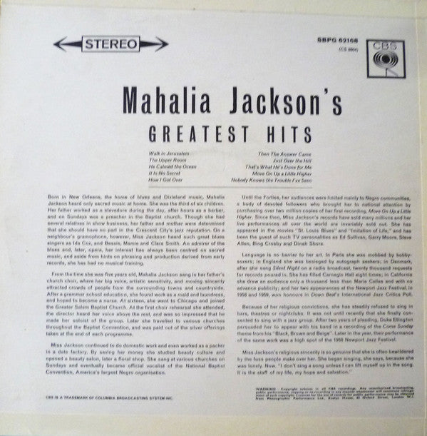 Mahalia Jackson : Mahalia Jackson's Greatest Hits (LP, Comp, RE)