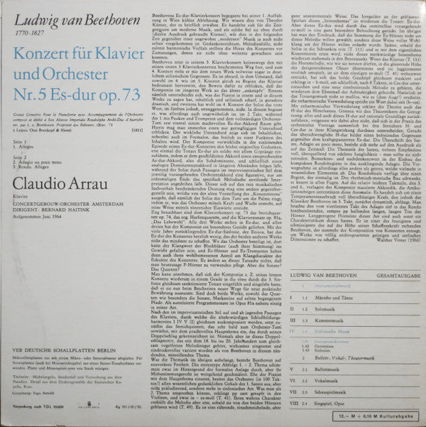 Ludwig van Beethoven, Claudio Arrau, Concertgebouworkest, Bernard Haitink : Konzert Für Klavier Und Orchester Nr. 5 Es-dur Op. 73 (LP, RP)