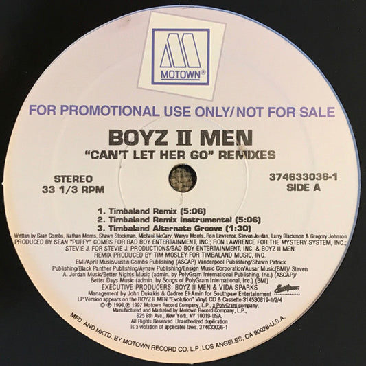 Boyz II Men : Can't Let Her Go (Remixes) (12", Maxi, Promo)