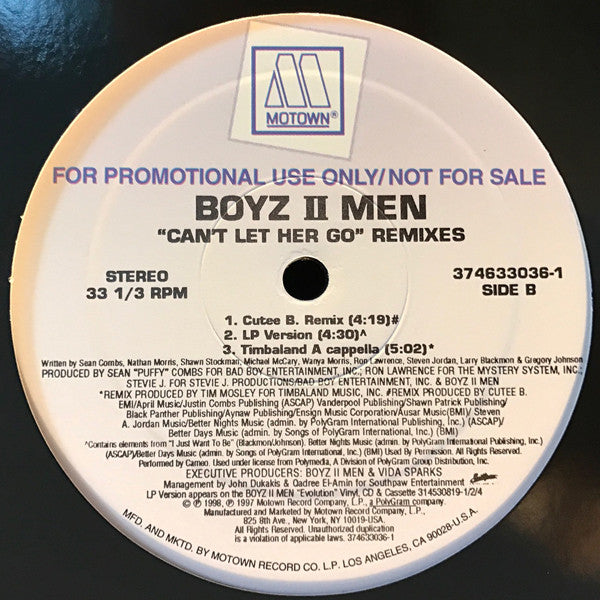 Boyz II Men : Can't Let Her Go (Remixes) (12", Maxi, Promo)