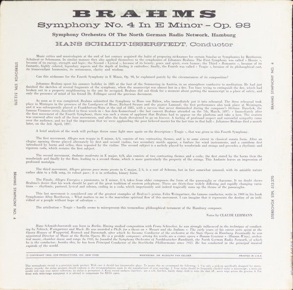 Johannes Brahms - NDR Sinfonieorchester, Hans Schmidt-Isserstedt : Symphony No. 4 in E Minor, Opus 94 (LP, RE, Pur)