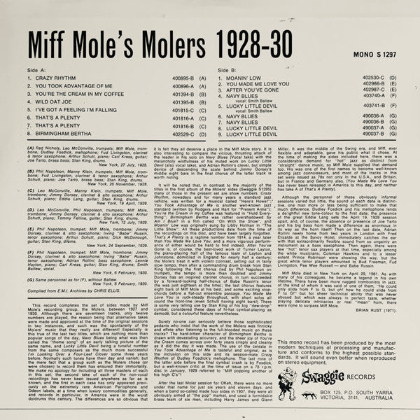 Miff Mole's Molers : Miff Mole's Molers 1928/30 (LP, Comp, Mono)