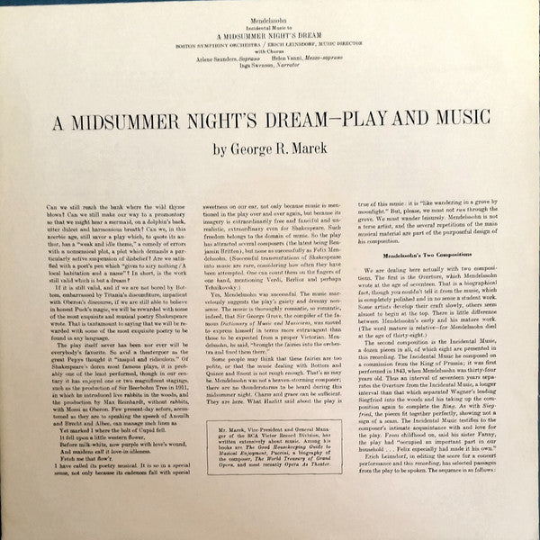 Felix Mendelssohn-Bartholdy, Erich Leinsdorf, Boston Symphony Orchestra : Incidental Music To A Midsummer Night's Dream (LP, Album, Mono)