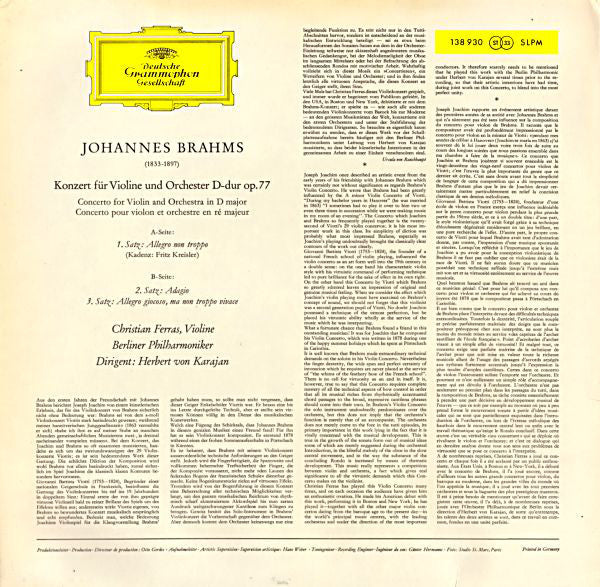 Johannes Brahms - Christian Ferras, Berliner Philharmoniker, Herbert Von Karajan : Violinkonzert In D-Dur (LP, RE)